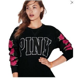 PINK Victoria's Secret Black Floral Embroidered Sleeve Sweatshirt